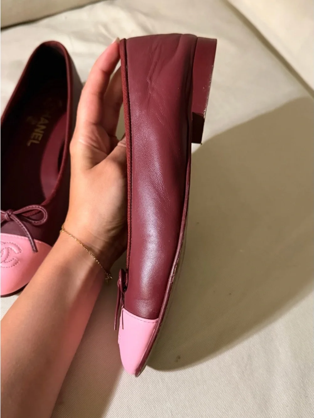 Chanel Two-Tone Pink & Burgundy Cap-Toe Ballet Flats - Picture 5 of 10